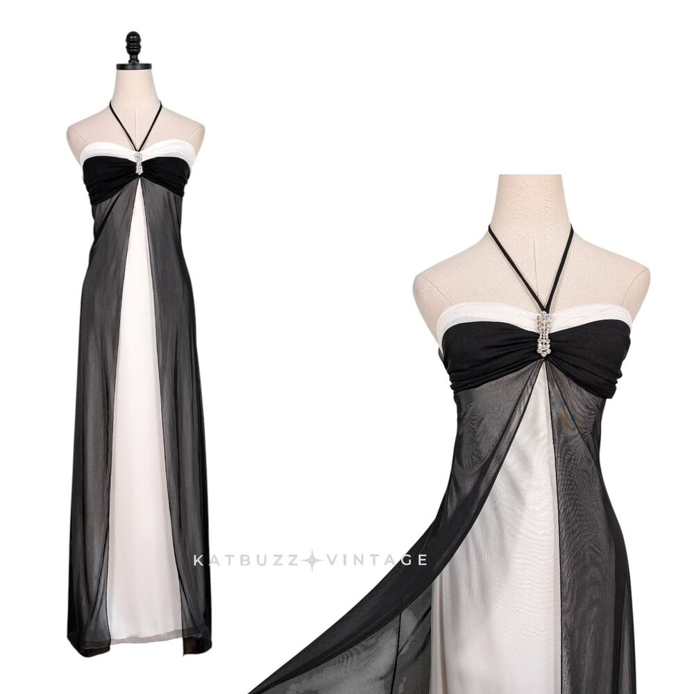 Vintage Prom Dress Maxi Gown M Black White Babydoll Empire Split Halter 90S Y2K